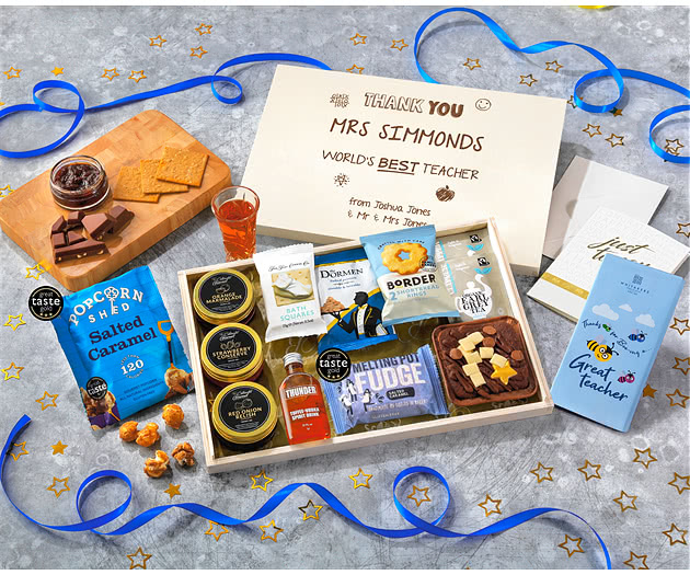 Great Teacher Tea Time Cake, Chocolate & Nibbles Letterbox Hamper With Toffee Vodka