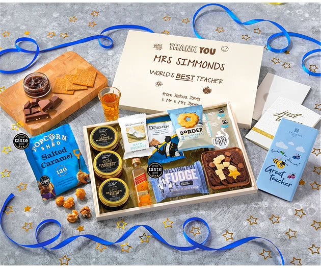 Great Teacher Tea Time Cake, Chocolate & Nibbles Letterbox Hamper With Johnnie Walker Whisky