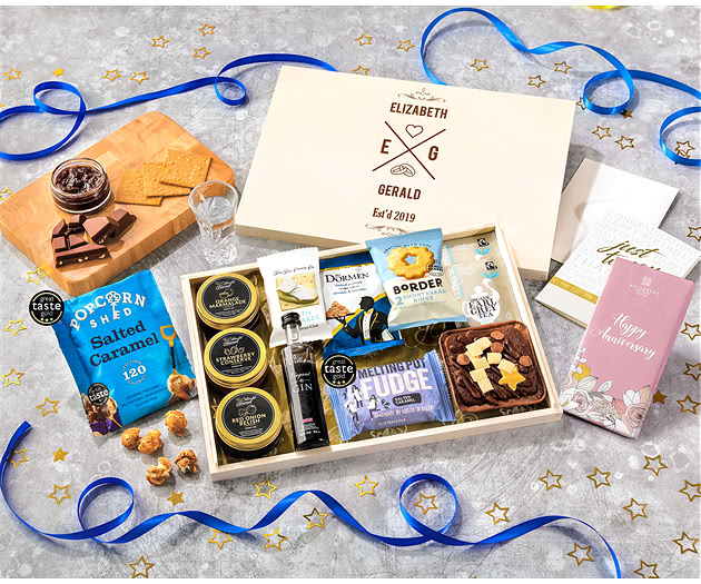 Anniversary Tea Time Cake, Chocolate & Nibbles Letterbox Hamper With Williams Gin
