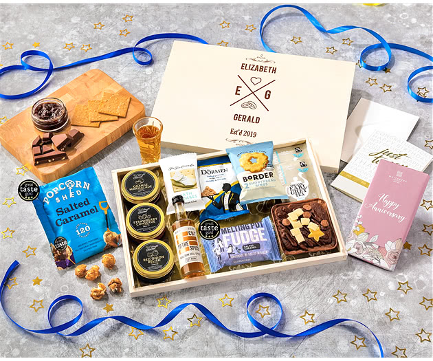 Anniversary Tea Time Cake, Chocolate & Nibbles Letterbox Hamper With Spiced Rum