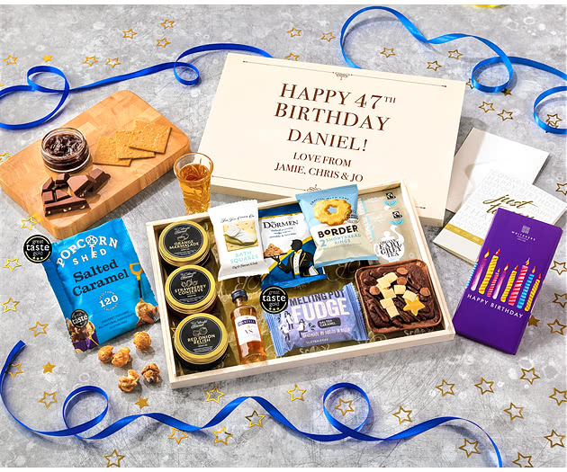 Birthday Tea Time Cake, Chocolate & Nibbles Letterbox Hamper With Martell Cognac
