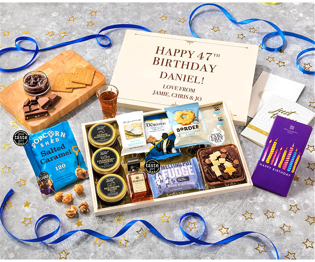 Birthday Tea Time Cake, Chocolate & Nibbles Letterbox Hamper With Disaronno Liqueur