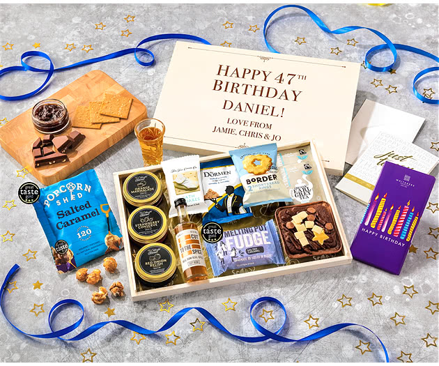 Birthday Tea Time Cake, Chocolate & Nibbles Letterbox Hamper With Spiced Rum