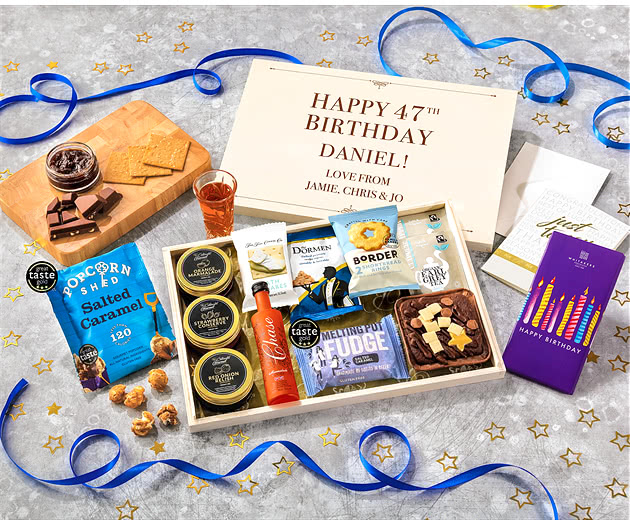 Birthday Tea Time Cake, Chocolate & Nibbles Letterbox Hamper With Marmalade Vodka