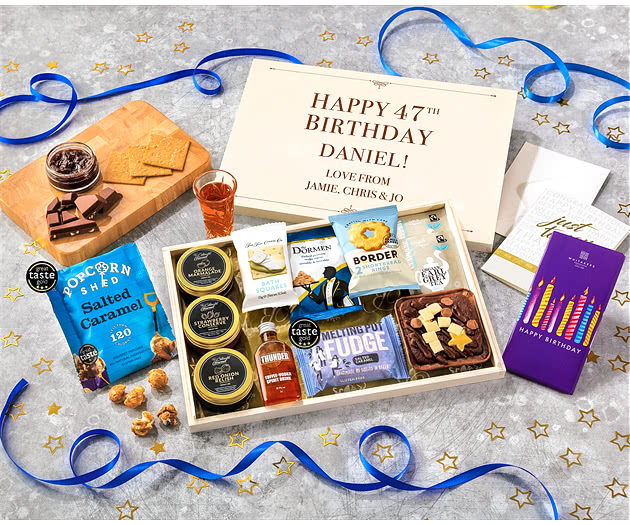 Birthday Tea Time Cake, Chocolate & Nibbles Letterbox Hamper With Toffee Vodka