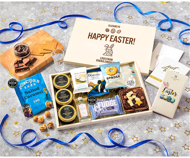 Easter Tea Time Cake, Chocolate & Nibbles Letterbox Hamper With Cornish Gin