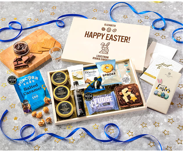 Easter Tea Time Cake, Chocolate & Nibbles Letterbox Hamper With Williams Gin