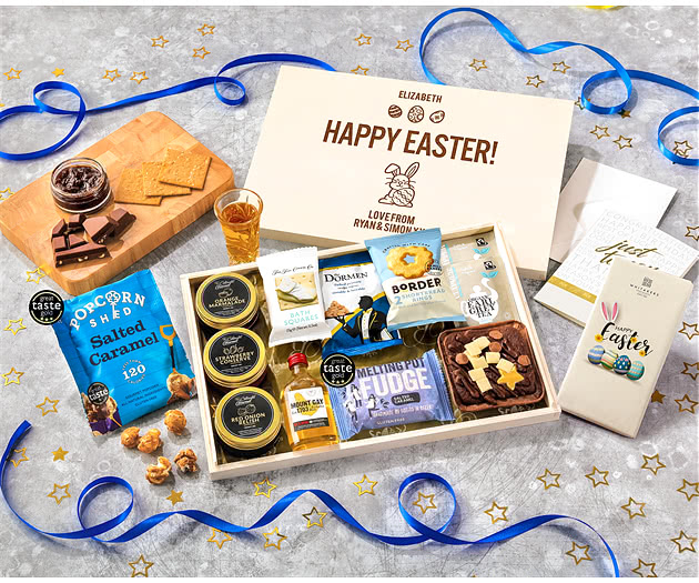 Easter Tea Time Cake, Chocolate & Nibbles Letterbox Hamper With Mount Gay Rum