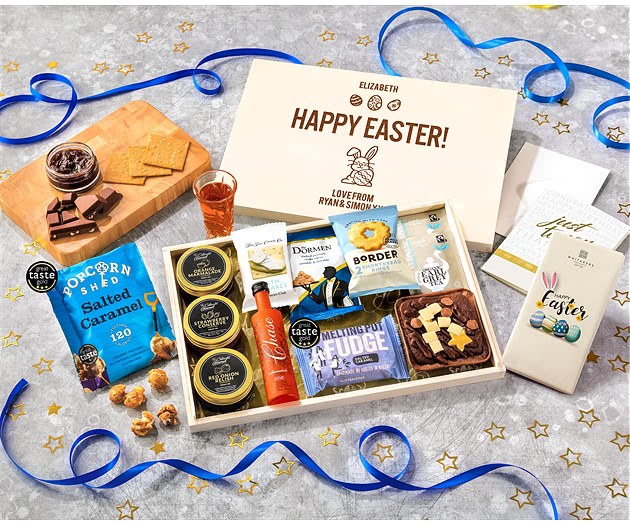 Easter Tea Time Cake, Chocolate & Nibbles Letterbox Hamper With Marmalade Vodka