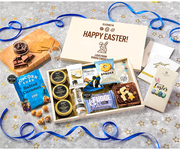 Easter Tea Time Cake, Chocolate & Nibbles Letterbox Hamper With Chase Vodka