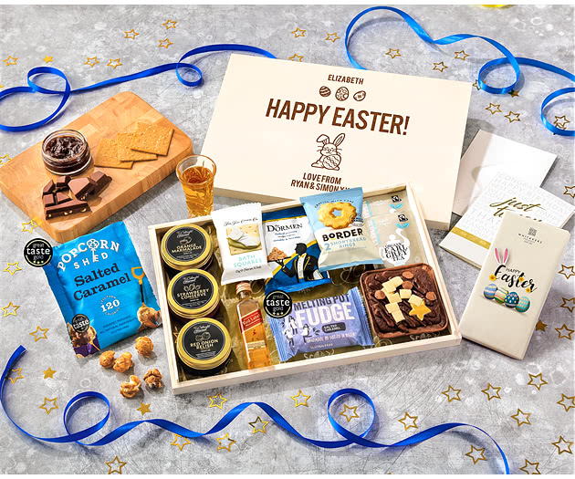 Easter Tea Time Cake, Chocolate & Nibbles Letterbox Hamper With Johnnie Walker Whisky