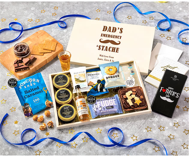 Father's Day Tea Time Cake, Chocolate & Nibbles Letterbox Hamper With Spiced Rum