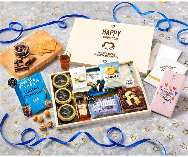 Mother's Day Tea Time Cake, Chocolate & Nibbles Letterbox Hamper With Disaronno Liqueur