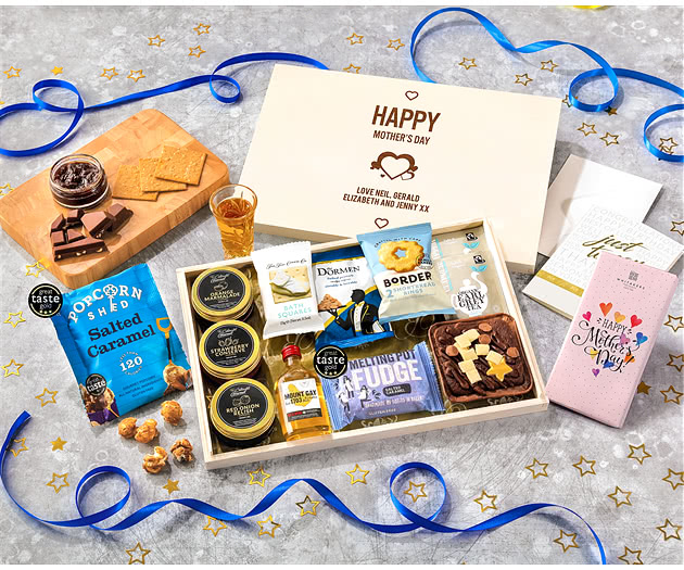 Mother's Day Tea Time Cake, Chocolate & Nibbles Letterbox Hamper With Mount Gay Rum