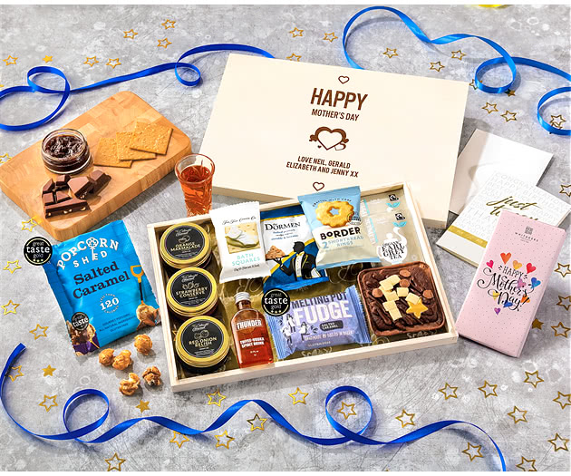 Mother's Day Tea Time Cake, Chocolate & Nibbles Letterbox Hamper With Toffee Vodka