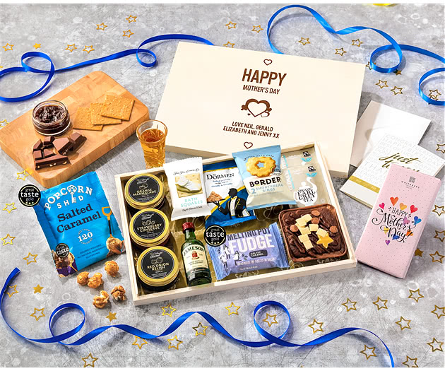 Mother's Day Tea Time Cake, Chocolate & Nibbles Letterbox Hamper With Jameson Whisky