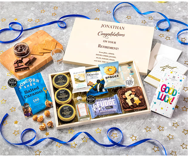 Retirement Tea Time Cake, Chocolate & Nibbles Letterbox Hamper With Cornish Gin