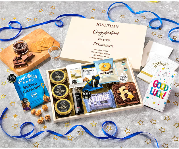 Retirement Tea Time Cake, Chocolate & Nibbles Letterbox Hamper With Williams Gin