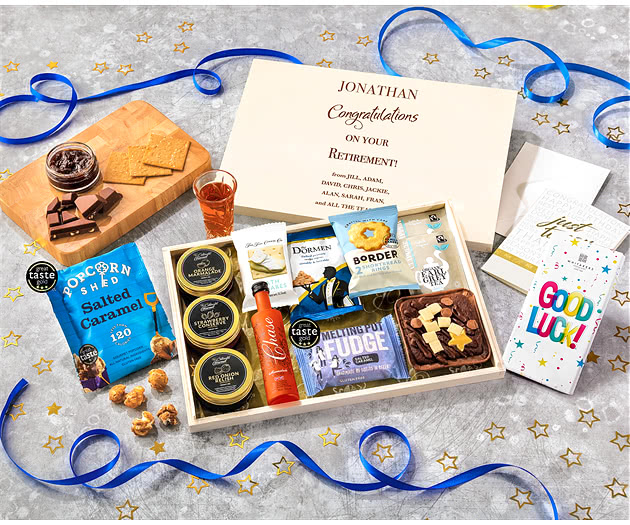 Retirement Tea Time Cake, Chocolate & Nibbles Letterbox Hamper With Marmalade Vodka