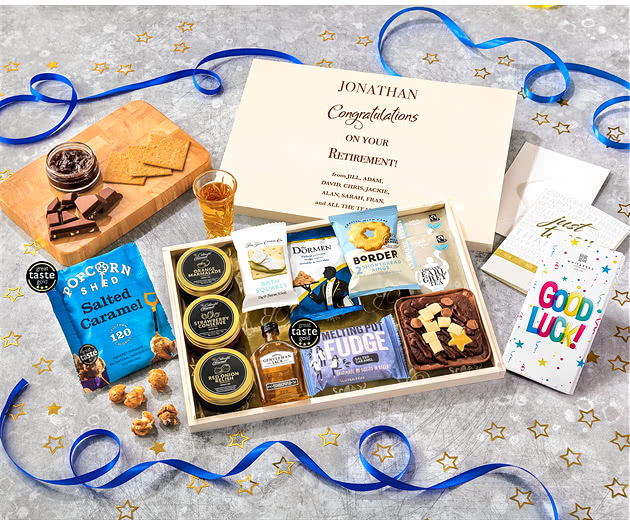 Retirement Tea Time Cake, Chocolate & Nibbles Letterbox Hamper With Gentleman Jack Whisky