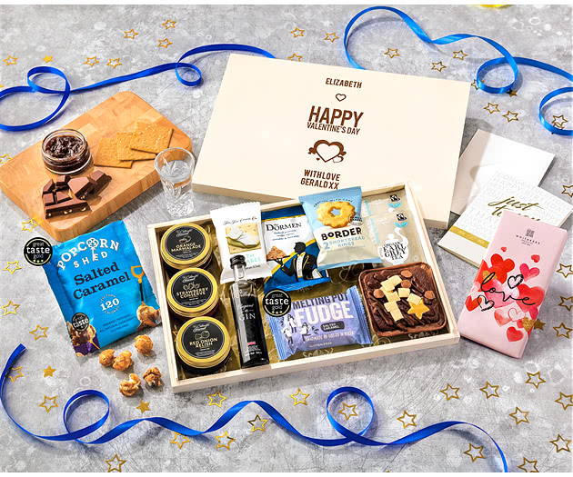 Valentine's Day Tea Time Cake, Chocolate & Nibbles Letterbox Hamper With Williams Gin