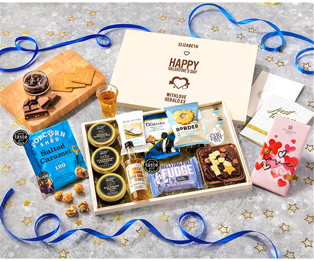 Valentine's Day Tea Time Cake, Chocolate & Nibbles Letterbox Hamper With Spiced Rum