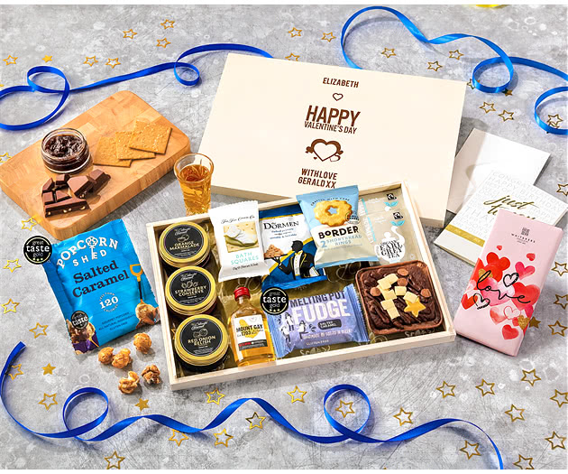 Valentine's Day Tea Time Cake, Chocolate & Nibbles Letterbox Hamper With Mount Gay Rum