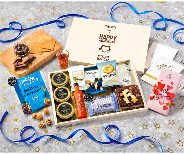 Valentine's Day Tea Time Cake, Chocolate & Nibbles Letterbox Hamper With Marmalade Vodka