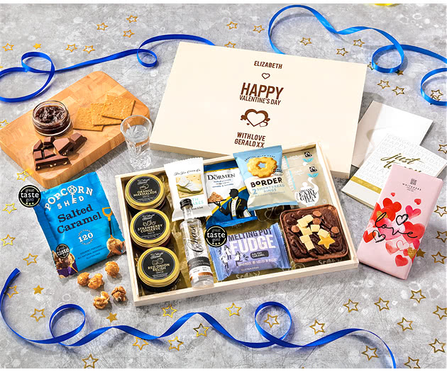 Valentine's Day Tea Time Cake, Chocolate & Nibbles Letterbox Hamper With Chase Vodka