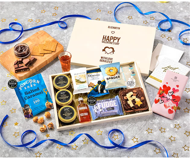 Valentine's Day Tea Time Cake, Chocolate & Nibbles Letterbox Hamper With Toffee Vodka