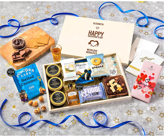 Valentine's Day Tea Time Cake, Chocolate & Nibbles Letterbox Hamper With Gentleman Jack Whisky