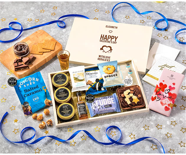 Valentine's Day Tea Time Cake, Chocolate & Nibbles Letterbox Hamper With Jack Daniel's Whisky