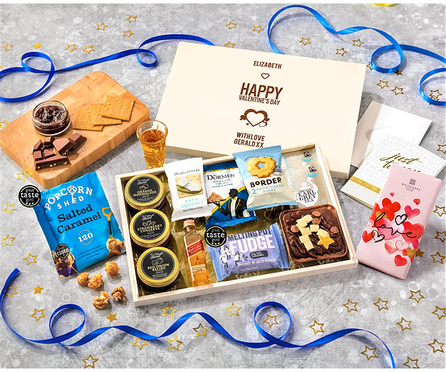 Valentine's Day Tea Time Cake, Chocolate & Nibbles Letterbox Hamper With Johnnie Walker Whisky