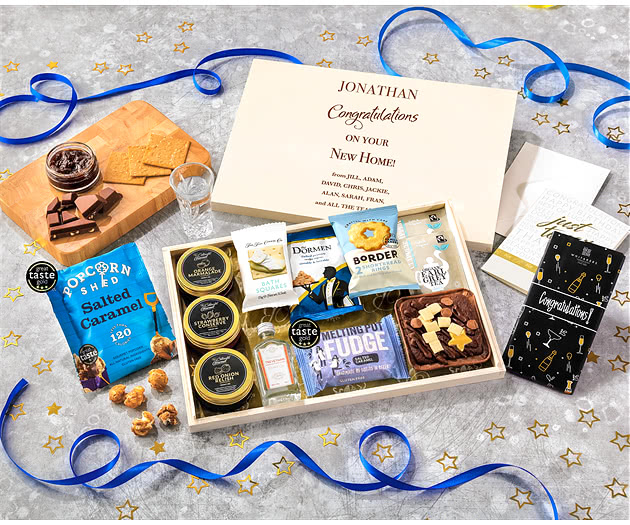 Housewarming Tea Time Cake, Chocolate & Nibbles Letterbox Hamper With Cornish Gin