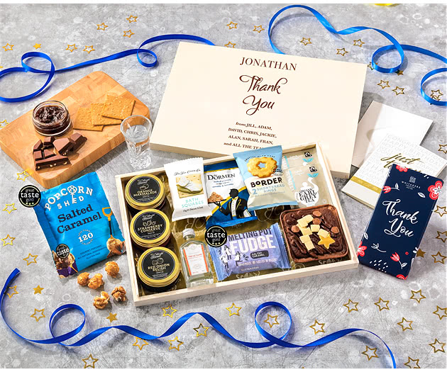 Thank You Tea Time Cake, Chocolate & Nibbles Letterbox Hamper With Cornish Gin