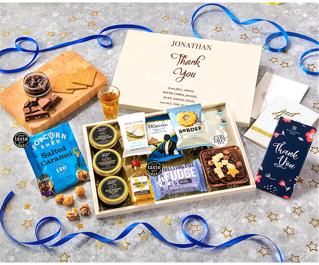 Thank You Tea Time Cake, Chocolate & Nibbles Letterbox Hamper With Mount Gay Rum