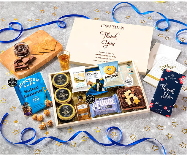 Thank You Tea Time Cake, Chocolate & Nibbles Letterbox Hamper With Gentleman Jack Whisky