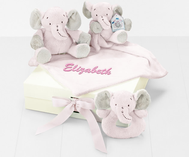 Personalised Comforter, Rattle Toy Gift Box in Pink Regency