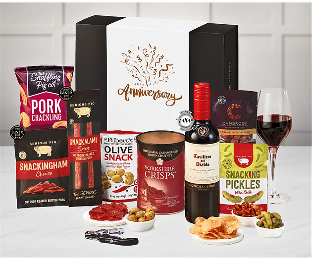 Anniversary Essential Pub Session Snacks Box with Red Wine
