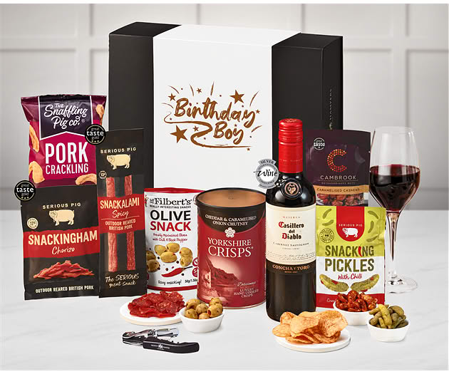 Birthday For Him Essential Pub Session Snacks Box with Red Wine