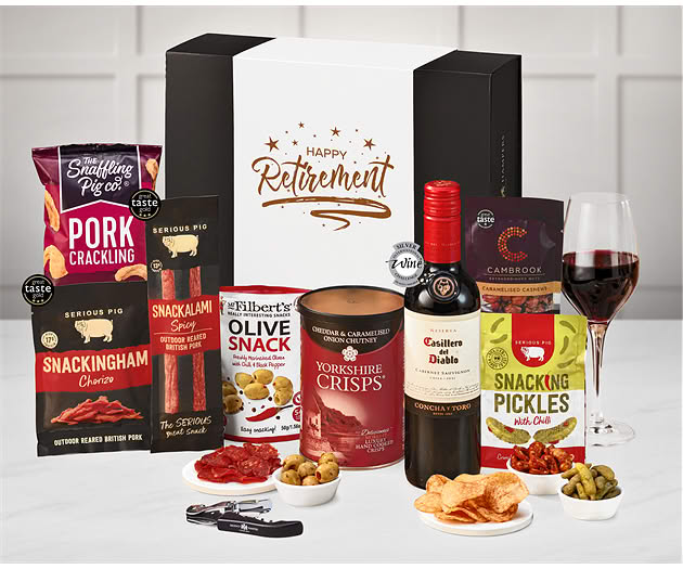 Retirement Essential Pub Session Snacks Box with Red Wine
