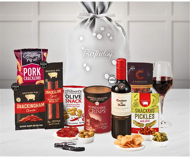 Birthday Essential Pub Session Snacks Gift with Red Wine