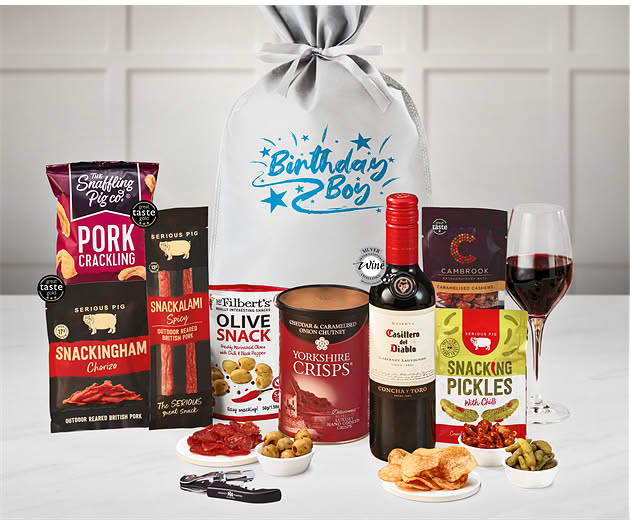Birthday For Him Essential Pub Session Snacks Gift with Red Wine