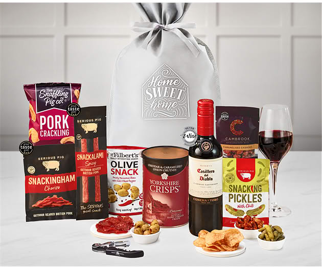 New Home Essential Pub Session Snacks Gift with Red Wine