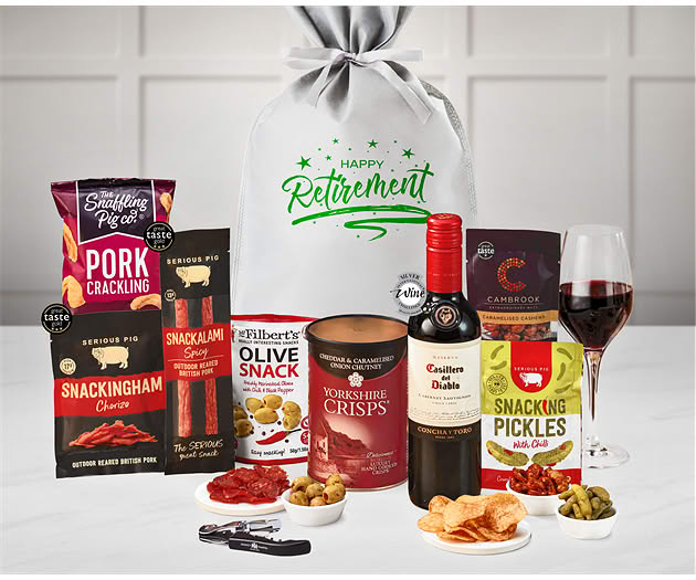 Retirement Essential Pub Session Snacks Gift with Red Wine