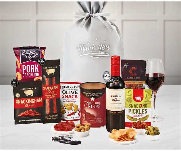 Thank You Essential Pub Session Snacks Gift with Red Wine