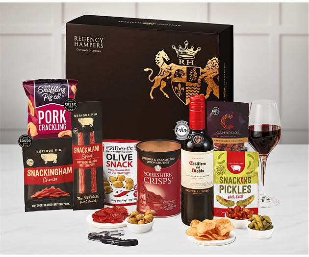 Essential Pub Session Snacks Box with Red Wine