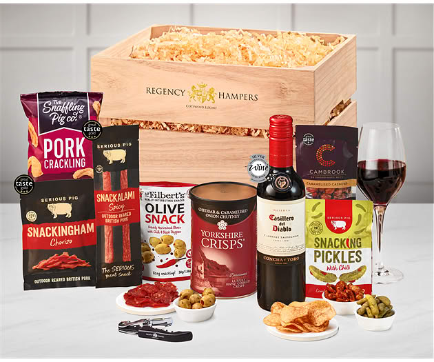Essential Pub Session Snacks Crate with Red Wine