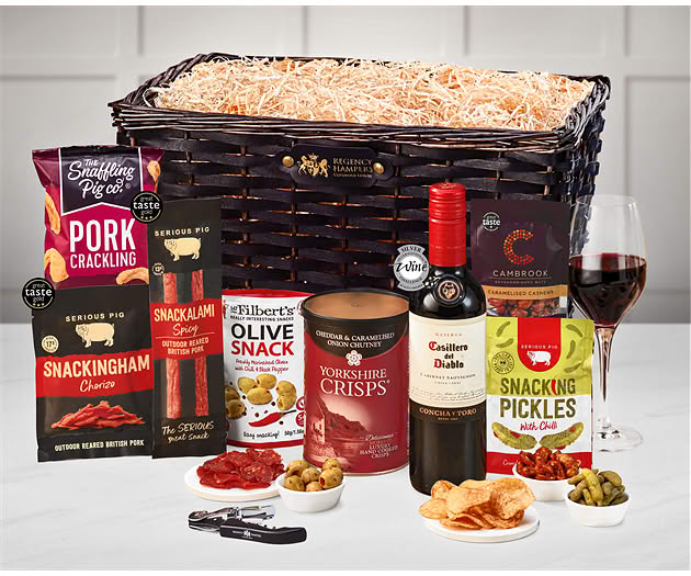 Essential Pub Session Snacks Hamper with Red Wine
