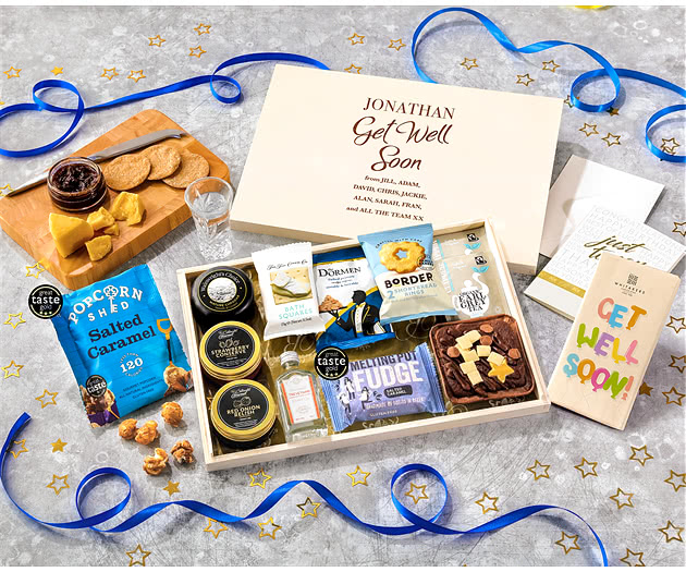 Get Well Soon Biscuit, Cheese & Cake Tea Time Letterbox Hamper With Cornish Gin